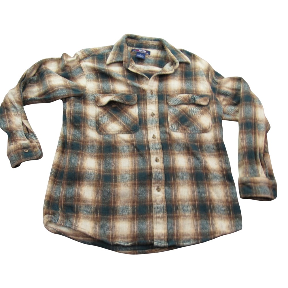 Five Brother Mens Flannel Shirt L Brown Teal Plaid Cotton Long Sleeve 3061